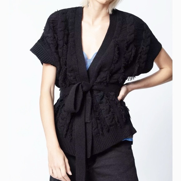 Zadig & Voltaire Corry Cows Cardigan Belt Sweater S Black Cotton Cashmere Loops - Picture 1 of 10